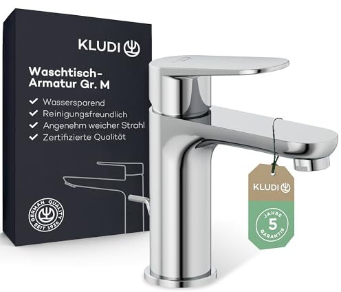 KLUDI-X1 Waschtischarmatur mit Zugstangen-Ablauf, Auslaufhöhe 95 mm, wassersparender Wasserhahn Bad Größe M, Keramikkartusche, Mischbatterie Waschbecken inkl. Anschlussschläuche in Chrom