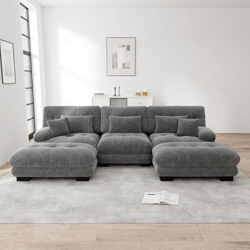 Rvjiahe Luxuriöses Modulares Ecksofa - Übergroßes U-förmiges Cloud Couch für Wohnzimmer, Tiefensitz Verwandelbares Schlafsofa mit Ottoman (Grau+3Sitz)