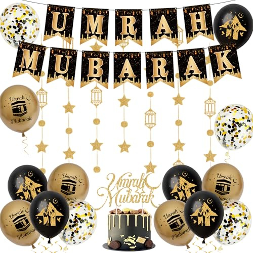 Umrah Mubara Decoration Banner Set -Black Gold Islamic Celebration Banners with Stars Moon Hanging, Ramadan Cake Topper and Latex balloons for Muslim Eid Party Suppiles