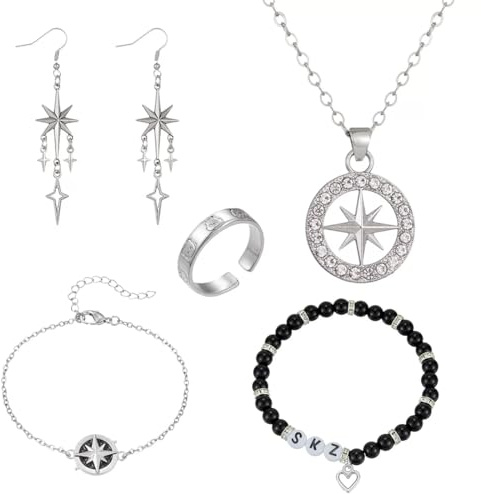 BCHMN Stray Halskette Armband Set, mit Halsketten, Armbänder, Perlenarmbänder, Ringe, Ohrringe und 2 SKZ Photocard, Kpop Geschenke, Unverzichtbare Fanartikel für Kpop Fans
