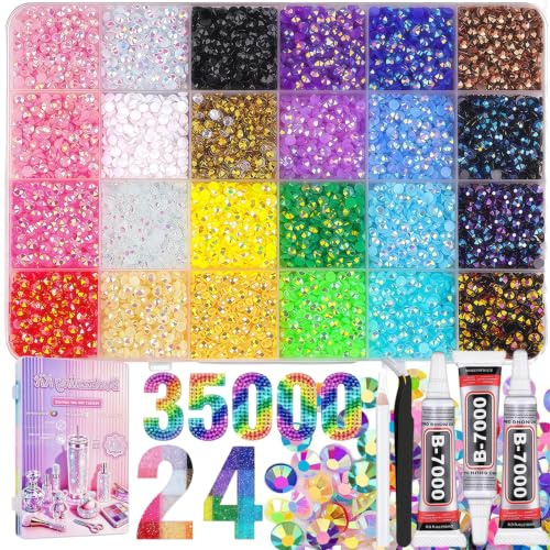 24 Colours 35000Pcs Resin Jelly Rhinestones for Bedazzling Kit | 3mm Flat Back Gems Crystals Bedazzle Kit with 3 x 10ml Glue and Tools, DIY Nails Crafts Clothes Shoes
