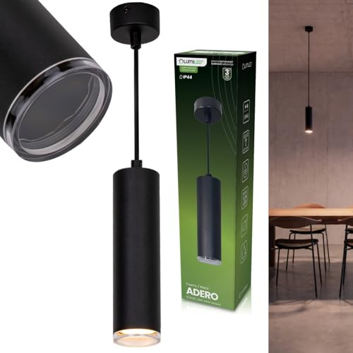 Lumiled Pendelleuchte 1-flammige Hängelampe Höhenverstellbar Pendellampe bis 146cm GU10 Fassung max. 12W LED IP44 Hängeleuchte hängend Zylinder Schwarz für Küche Schlafzimmer Wohnzimmer Esstisch