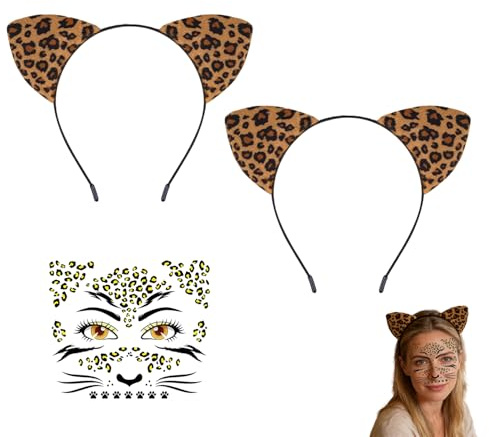 TASSFROO Lot de 3 Serre-Têtes Oreilles de Chat Léopard pour Femme, Bandeau Cheveux Élastique avec Motif Animal, Accessoire de Déguisement Idéal pour Halloween Carnaval Soirée Cosplay et Maquillage