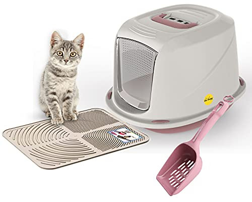 CAT CENTRE Medium Pink Hooded Kitten Litter Tray +Waste Scoop +Tray Mat Set Carbon Filter Small Cat Toilet Pet Box Loo Pan Starter Pack Portable Swing Flap Door Carry Handle Galaxy Easy Cleaning
