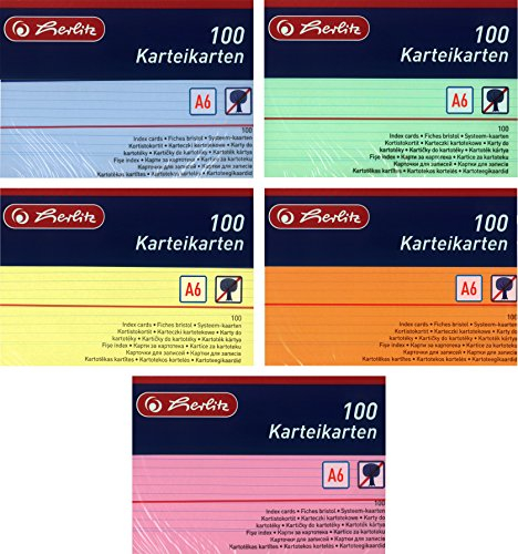 Herlitz Karteikarten A6, Liniert (500 Stück, Farbig Sortiert in Grün, Gelb, Rot, Blau & Orange)