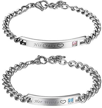 Flongo Paar Armbänder EIN Paar Edelstahl-Armbänder mit Zirkonia Textgravur Liebesschwüre Silber Partnerarmbänder Love-Schmuck Geschenke für Valentinstag Geburtstage Jahrestage