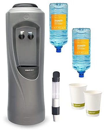 Hydrate Direct Core Water Cooler Package 2 | Water Dispenser Plus 2 x 15L Bottles of Natural Mineral Water, 1000 x Bio Cups and Cup Dispenser - Ambient & Cold Temperature, Grey/Black