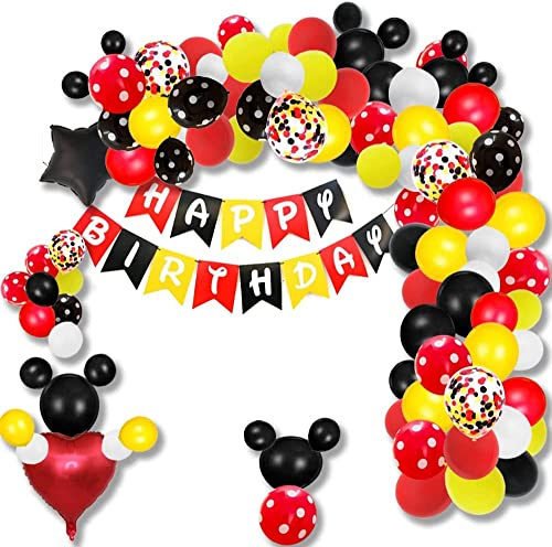156 globos de ratón de dibujos animados con arco de guirnalda de 40,8 cm y 10,5 cm de aluminio, confeti amarillo, blanco, globos de látex para el tema del ratón, suministros de fiesta de cumpleaños,