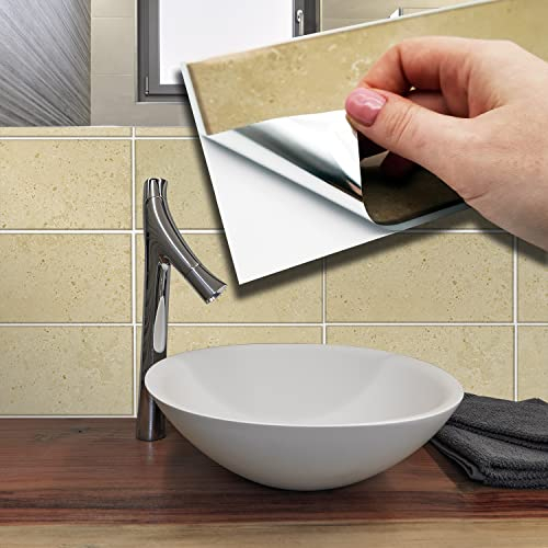WALPLUS Wandfliesen Aufkleber 12pcs 11.2x5.5/28.5x14cm Beige Travertine fliesenaufkleber Klebefliesen Selbstklebende tapete Fliesenfolie Küche Schälen und Stick fliesen
