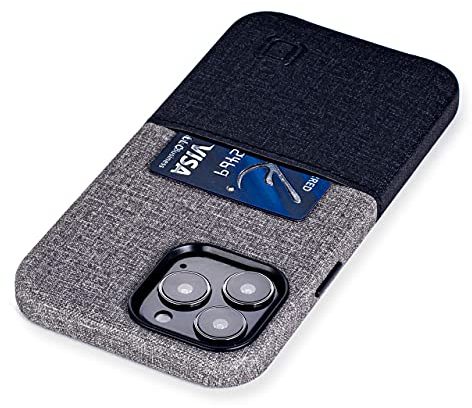 Dockem Funda Tipo Tarjetera para iPhone 13 Pro MAX con Placa de Metal Integrada para Montaje Magnético & 1 Ranura Plana para Tarjeta, Cuero Sintético Estilo Lona (6,7 Luxe M1, Negro y Gris)
