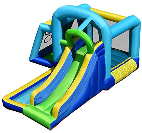 GYMAX Children Bouncy House, Kids Inflatable Jumping Castle with Climbing Wall, Ball Pit Pool & Ball Throwing Area, Indoor Outdoor Slide Bouncer for 3-10 Years Old (without Blower)