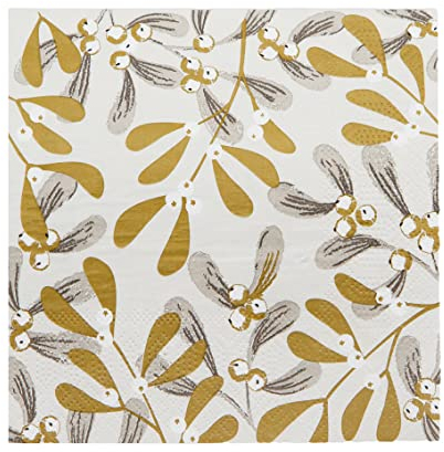 Talking Tables Pack of 20 Silver and Gold Mistletoe Christmas Napkins | Paper Serviettes for Xmas, Boxing Day, Winter Dinner Party, Decoupage, BC-Mist-Napkin-V2,White,33 x 33 cm