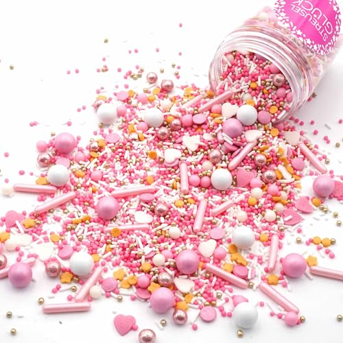 Streusel Glück Erste Liebe weiss rosa gold 90g |Zuckerstreusel für Torten Kuchen Plätzchen | Streudekor & Streusel als Tortendeko für Geburtstag Kindergeburtstag Mädchen | Kuchenstreusel als Deko