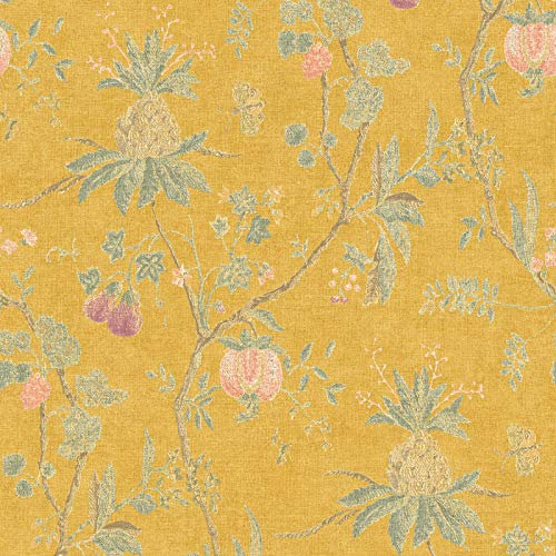 Papier peint vintage jaune à fleurs | Tapisserie fleurie idéale salon & chambre | Papier peint intissé fleuri pour couloir