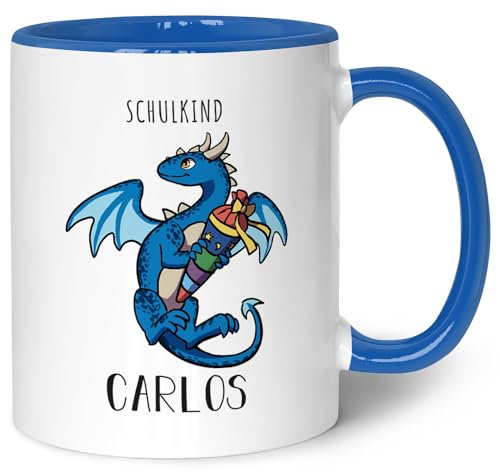 Bedruckte Tasse mit Motiv - Einschulung Drache - Personalisiert mit Name - Geschenk für Kinder zur Einschulung Schulanfang - Geschenk für Jungen & Mädchen - Blau