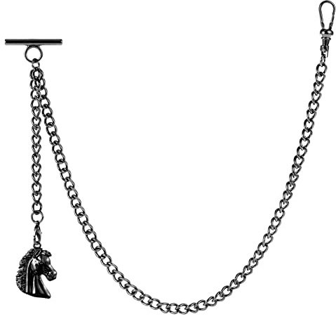 ZTA Herren Albert Kette Schwarz Taschenuhr Kette Weste Kette mit Pferd Kopf Anhänger für Männer T BAR FOB Charme