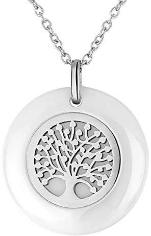 Flongo Collier Pendentif pour Femme Arbre de Vie Creux Céramique Exquis Acier Inoxydable Argent Cadeaux pour Nouvel an Noël