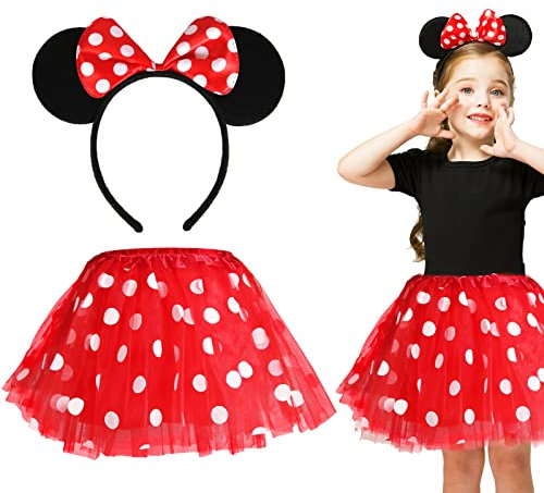Capaneus Kinderkostüm Mäuschen Set,Mädchen Maus Mouse Kostüm Rot Tutu mit weiß Gepunktet+Haarreifen mit Maus Ohren und Schleife für Halloween Fasching Karneval Motto Cosplay Party-2 stück