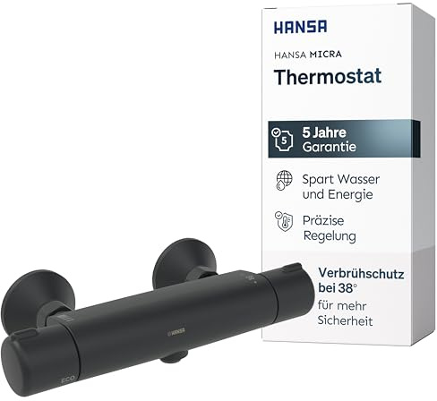 HANSA MICRA Thermostat Dusche I Duscharmatur mit Verbrühschutz 38°C & ThermoCool Funktion I Wassersparend mit EcoFlow 11,4 l/min | Mischbatterie für Badezimmer | Bad Armatur Duschthermostat |Schwarz