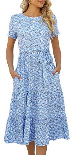 Lyrur Damen Kleider Casual Sommer gestuft Midi Kleid Kurzarm Gürtel Rüschen Babydoll Boho Sommerkleid mit Taschen, Blau Gänseblümchen, Groß