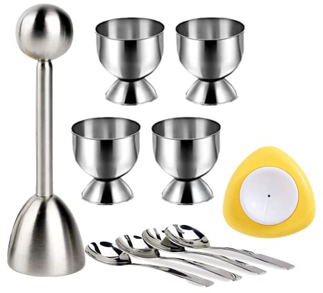 10 Pcs Egg Cups for Soft Boiled Eggs, Jawbush Egg Cracker Topper Set for Raw Hard Boiled Eggs, 4X Egg Spoons, 4X Egg Cups, 1x Magnet Egg Piercer, 1x Stainless Steel Egg Topper Egg Guillotine