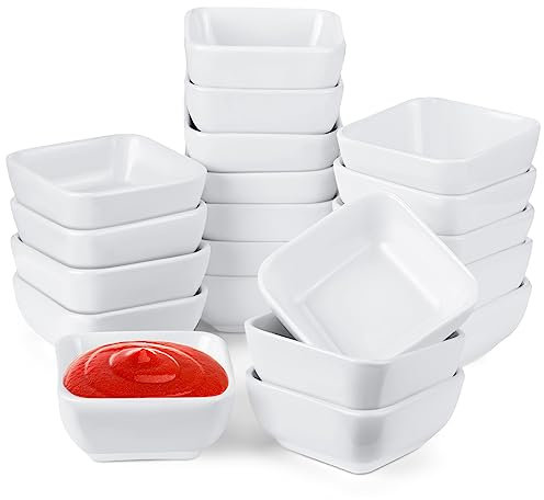 Tanlade Juego de 20 cuencos de cerámica de 85.0 g para salsa, cuencos blancos de porcelana, mini cuencos cuadrados para salsa de tomate de soja, barbacoa, ketchup, sushi y otros suministros de fiesta