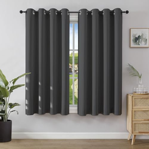 Joydeco Verdunkelungsvorhänge Dunkelgrau mit Ösen 2er Set H 158 x B 132 cm, Kurze Vorhänge Blickdichte 158 cm Lang für Küche Schlafzimmer