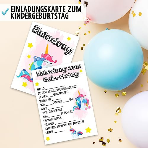 OWLBOOK Einhorn mit Eis 25 Einladungskarten Kindergeburtstag Mädchen Einhorn Geburtstagseinladungen Mädchen zur Einhorn Motto Party - Kinder Geburtstag Einladungen zum Ausfüllen mit Umschläge
