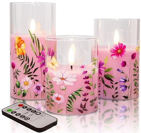 Eywamage Rosa Blumenmuster Glas Flackernde Flammenlose Stumpenkerzen mit Fernbedienung, Batteriebetriebene LED-Wachskerzen, Set aus 3