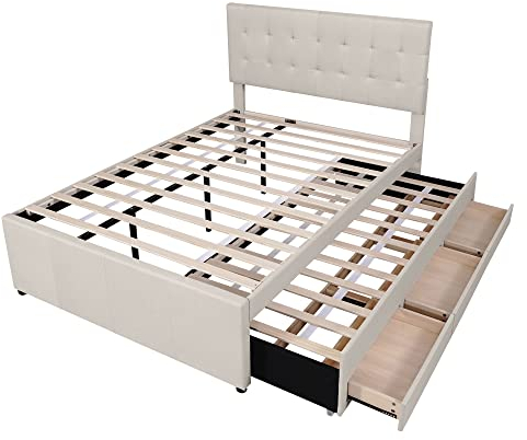 Polsterbett 140x200 cm, Doppelbett aus Leinen mit ausziehbares Bett und 3 Schubladen, Höhenverstellbar Kopfteil, Ausziehbett, Familienbett (Beige)