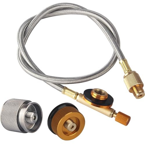 MOFBEAWK 2 Feet Gas Adapter Extension Braided Hose Propane/Butane/Isobutane Small Tank Input EN417 Lindal Valve Output(Adapter, 3-IN-1)