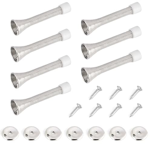 SYEYCW 7 Pcs Spring Door Stops with Anti-Slip Rubber Tip, 85mm Wall Mounted Chrome Metal Door Stoppers with Screws Base Plate, Long Sprung Stopper, Skirting Board Buffer, for Protect Walls and Doors