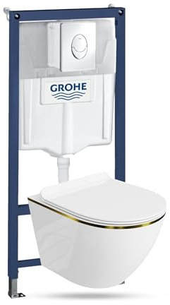 Lavita Élément Mural Solido Start + WC Suspendu Sofi Slim Gold Line Sans Bord + Abattant Avec Système d'Abaissement Automatique Bouton Chromé - Kit Complet Encastré