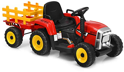 GOPLUS 12V Kinder Elektrischer Traktor mit Anhänger, 3-Gang Elektrofahrzeug mit Fernbedienung, Elektroauto mit LED-Licht & Musik & Bluetooth, 30 kg Belastbarkeit, ab 3 Jahre (Rot)