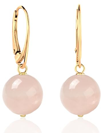 I.L.U.S Rosenquarz Ohrringe – 18K Vergoldete 925 Silber Ohrhänger mit Rosa Naturstein, Hängender Edelstein Schmuck für Damen-Naturstein Kugel Ohrringe Hängend-Elegante Hängeohrringe