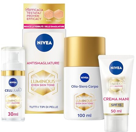 NIVEA Luminous630 Anti-Macchie Trattamento Avanzato Cofanetto con Siero Viso 30 ml, Crema Mani 50 ml e Olio-Siero Corpo Antismagliature 100 ml per il trattamento completo delle macchie