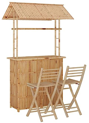 Makastle 3-teilig Gartenbar Set mit Dach, Garten Sitzgruppe Essgruppe Stehtisch Barstühlen Gartenmöbel, Bartisch mit Klappbare Barhocker, für Garten Rasen, Bambus