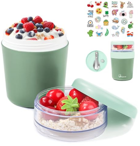 Bugucat -Tazza per muesli, yogurt to go, 150 ml + 500 ml, a prova di perdite, contenitore per il pranzo con cucchiaio, per frutta o insalata, da viaggio, adatta per porridge, colore verde
