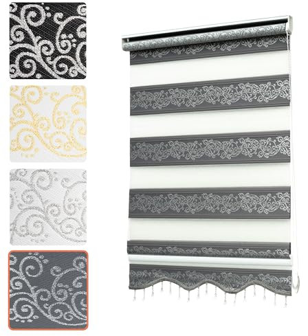 Bailena® Doppelrollo Klemmfix ohne Bohren - 4in1 Duo Rollo mit Muster Grau Silber Glitzernd 110x200cm - Ranken & Blumen Motiv Doppelrollo mit Perlen - Gardinen Rollos für Fenster & Tür