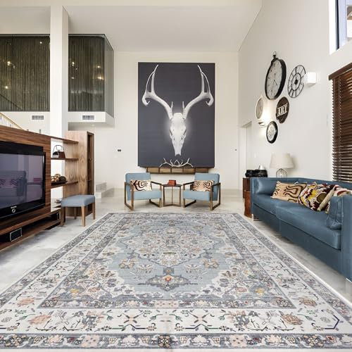 TALETA Teppich Wohnzimmer Kurzflor, Orientalisch Waschbar für Esszimmer, Schlafzimmer - Hellblau, 240 x 340cm