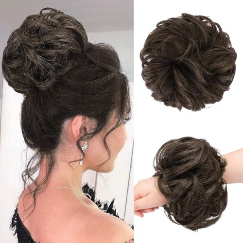 FESHFEN Haarteil Mit Gummiband, Groß Dutt Haarteil Haargummi Mit Haaren Gelockt Haardutt Braun Synthetisch Haarverlängerung Pferdeschwanz Haarteile für Damen, Schokobraun Gemischt Dunkelbraun 55g