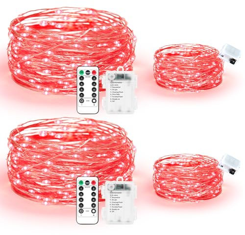 Maxee 2 Stück 20M + 2 Stück 3M LED Lichterkette Batterie, 8 Modi Fernbedienung mit Timer Lichterkette, IP65 Wasserdichte, Außen Lichterkette Draht für Weihnachten Innen Aussen Deko, Rot-1