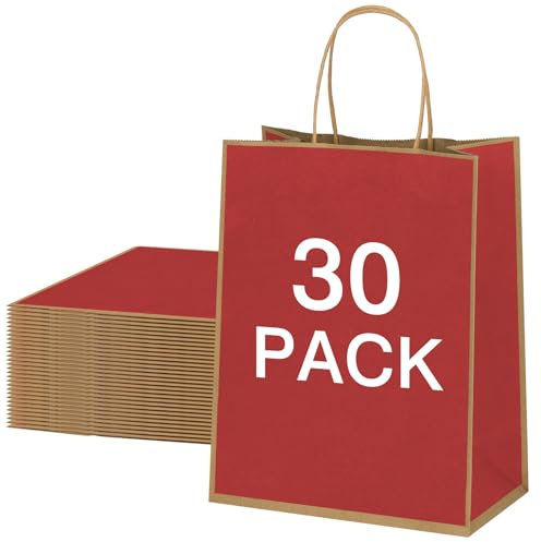 NAHRMY 30 Stück Papiertüten, Geschenktüten Kraftpapiertüten mit Henkel, 27x11x21cm Kraftpapier Partytüten für Einkaufen, Hochzeiten, Verpackungen, Geburtstag, Kindergeburtstag (Rot)