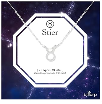 Bixorp Sternzeichen Stier Halskette - Sternzeichen-Kette aus Edelstahl in Silber – Zodiac-Halskette auf Geschenkkarte