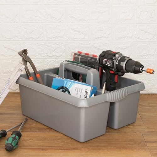 2x Tragbarer Organizer für Putzmittel 38x32x15 cm Grau Werkzeugträger Gartengerätekorb Schuhputzkasten - Putzkasten für Pferd Reinigungsmittel Putz Caddy Flaschenträger Putzbox Putzcaddy eckig leer