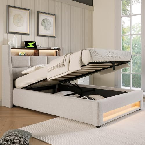Merax Polsterbett 90x200cm, Einzelbett mit Bettkasten und Lattenrost, Stauraum Kopfteil mit LED und USB Ladefunktion, Hydraulisch Stauraumbett Funktionsbetten, Leinen, Jugendbett, ohne Matratze, Beige