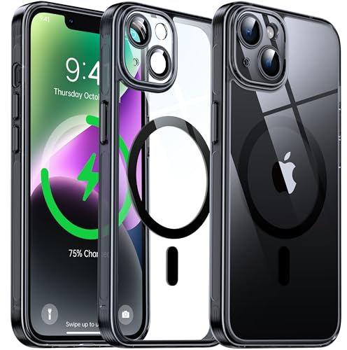 Flyzoo Magnetisch Hybrid Clear Hülle für iPhone 14 - [Kompatibel mit MagSafe] [Eingebaute Kameraschutz Folie] Hart Durchsichtig Handyhülle Stoßfeste Transparente mit Silikon Schutzhülle, 6,1, Schwarz