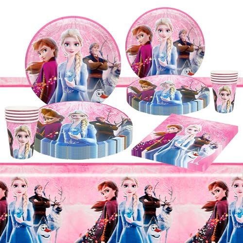 Dekewe 51Pcs Frozen Princess Party Tableware Set, Birthday Decorations Party Supplies Party Paper Plates, ELSA Cups Napkins and Tablecloth Banner Set, Birthday Gift Kits for Kids Girls (10 Guests)