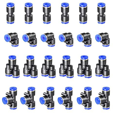 HUAZIZ 24 pezzi Pneumatic Push to Connect Raccordi pneumatici, kit 6 pezzi spliter+6 gomiti+6 pezzi di tè+6 pezzi dritti (OD 12 mm)
