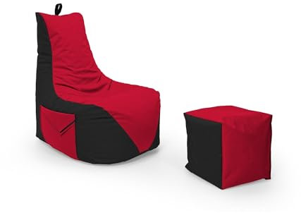 Nadimaideal Gamer Sitzsack Komfort XL - XXL für Kinder, Teenager & Erwachsene | Indoor & Outdoor | Sitzsack Gaming | Füllung EPS Perlen (Schwarz - Rot, Sitzsack XXL mit Hocker)